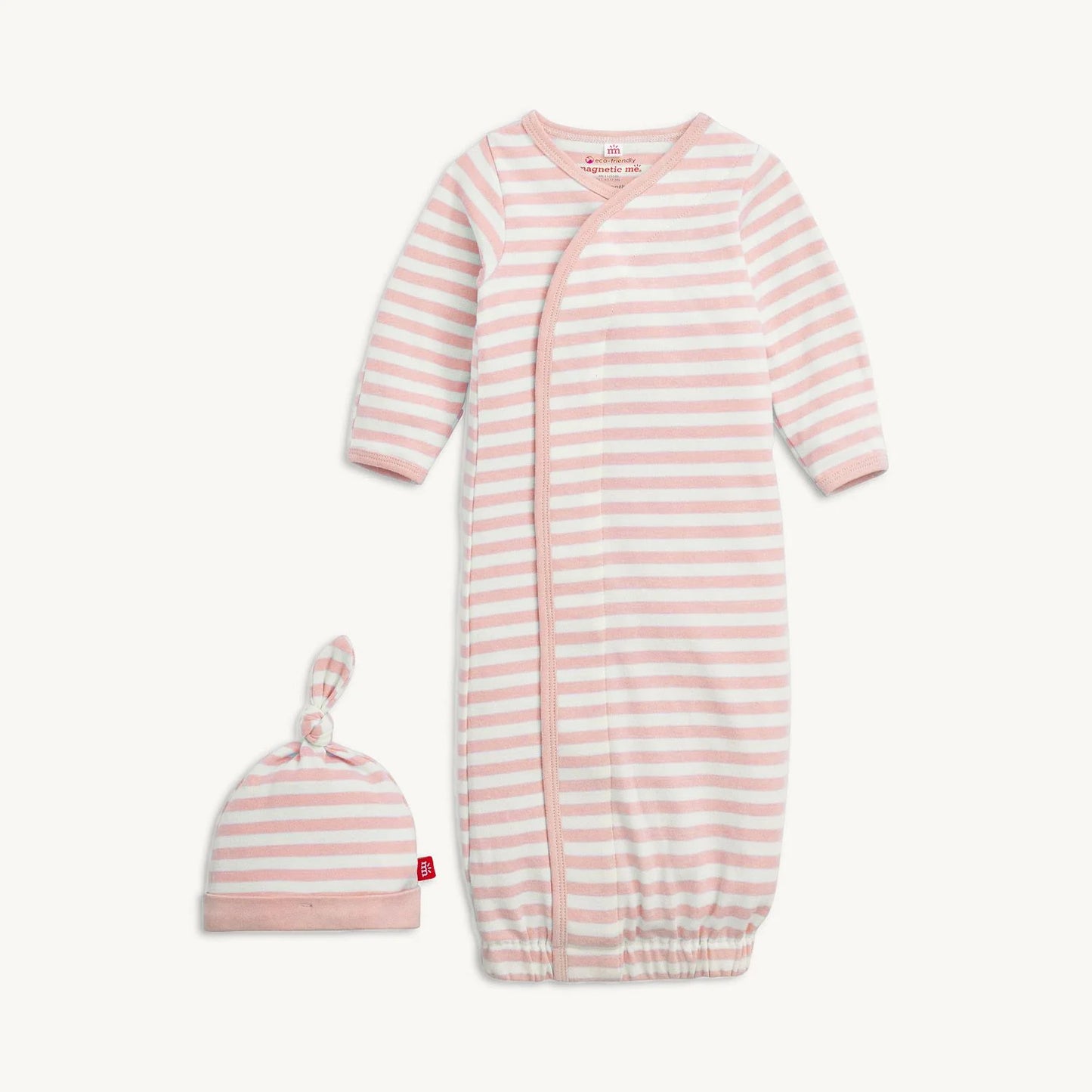 Pink Stripe Cotton Gown & Hat Set
