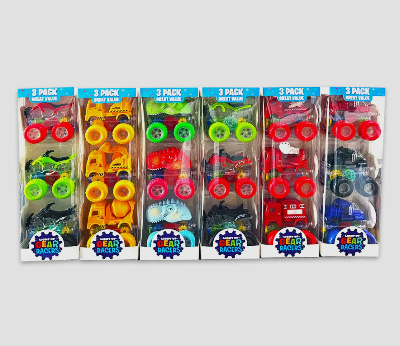 3 Pack Transparent Gear Light Up Vehicles