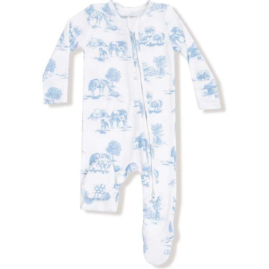 Farm Toile- Blue 2 Way Zipper Footie