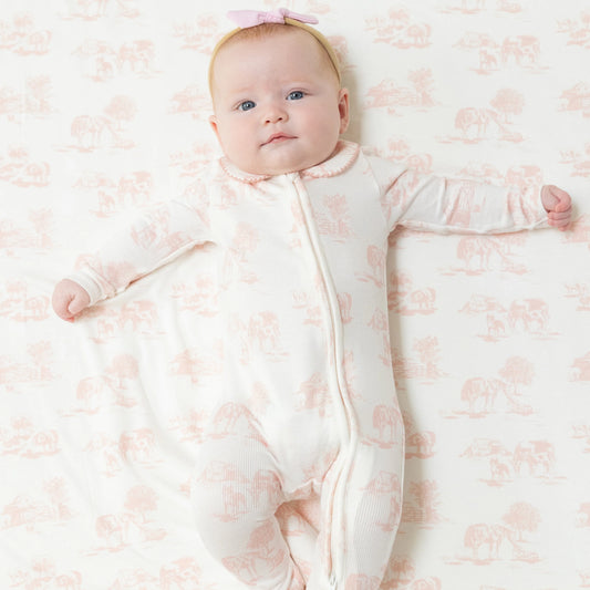 Farm Toile- Pink Peter Pan Collar Footie