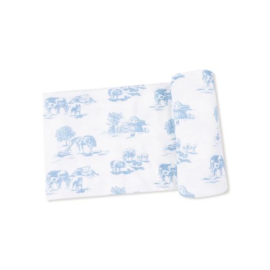 Farm Toile- Blue Swaddle Blanket 45x45