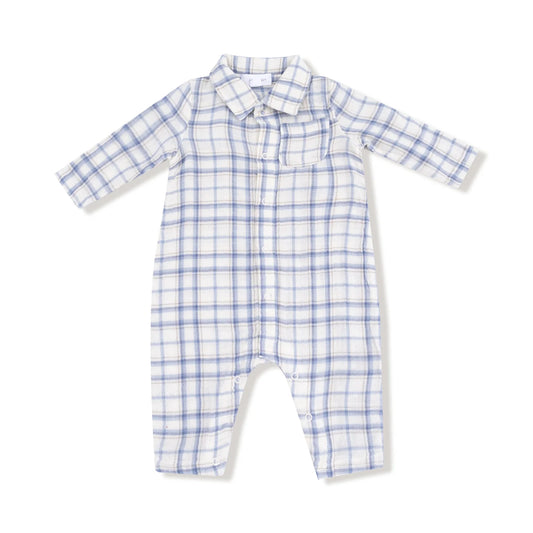 Blue Plaid- LS Polo Romper