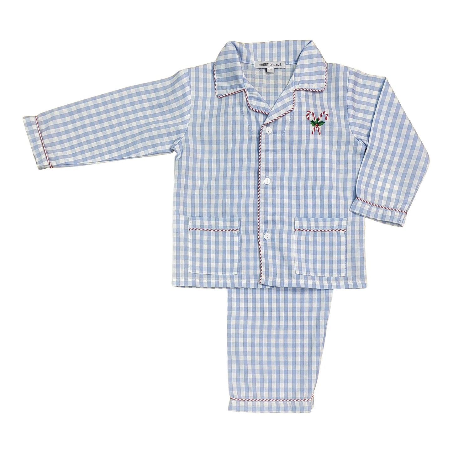 Candy Cane Emb Blue Gingham PJ Set