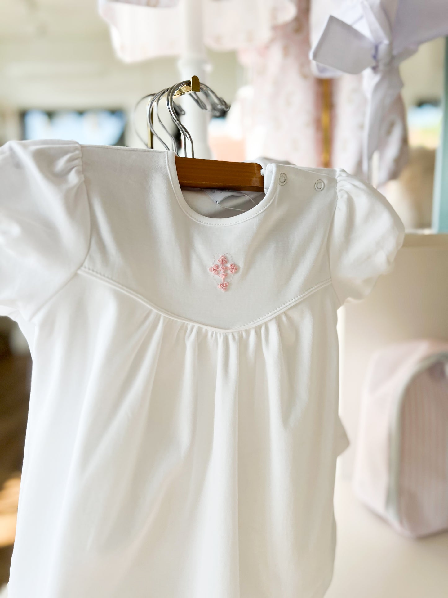 Pink Cross Stitched Dress & Bloomer Set