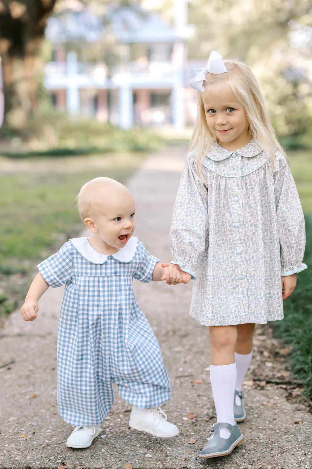 Precious Pleated Romper- Stone Blue Check