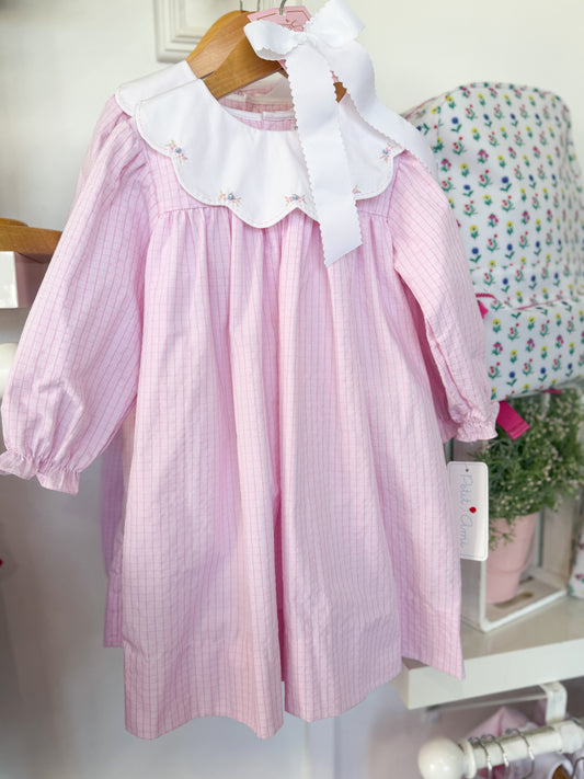 Scallop Emb.Yoke Pink LS Dress