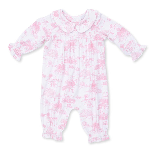 Golf Toile Pink Smocked LS Romper