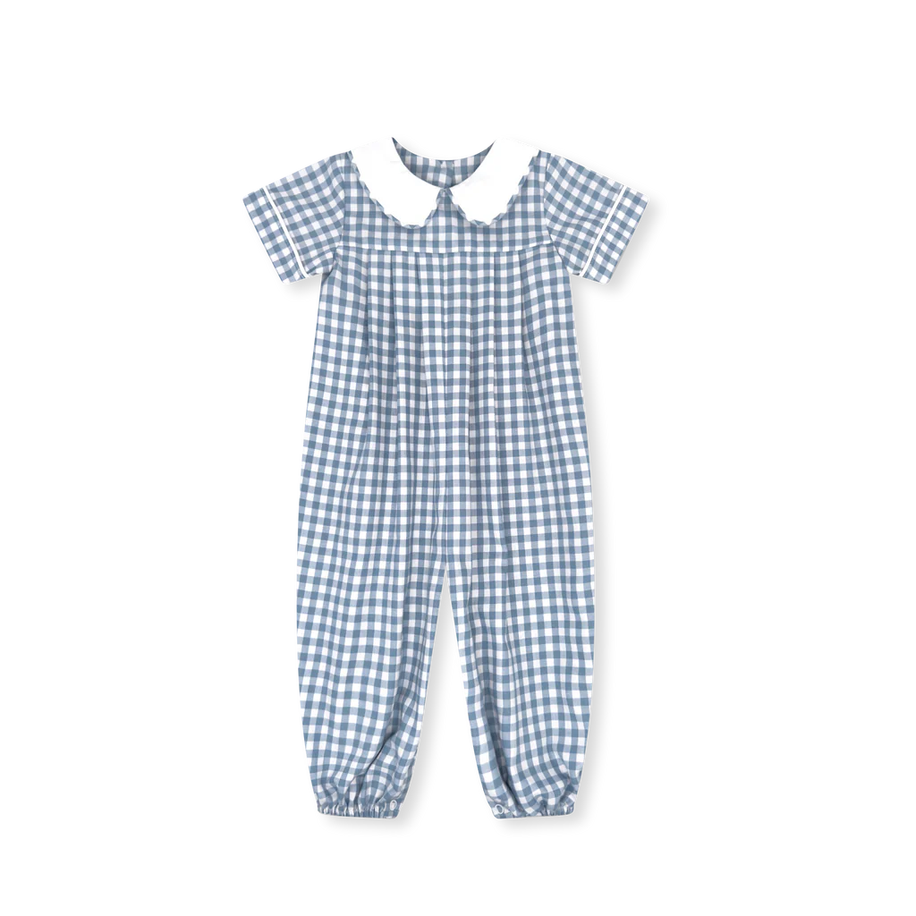 Precious Pleated Romper- Stone Blue Check