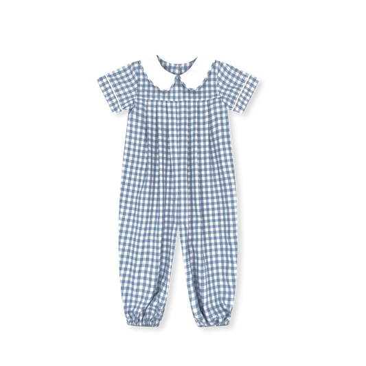 Precious Pleated Romper- Stone Blue Check