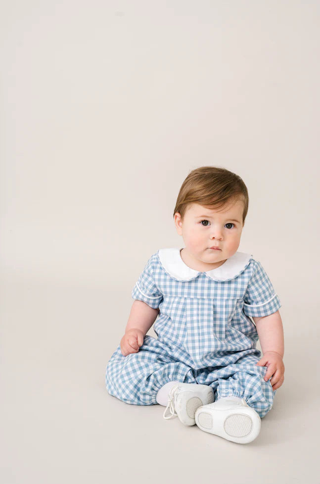 Precious Pleated Romper- Stone Blue Check