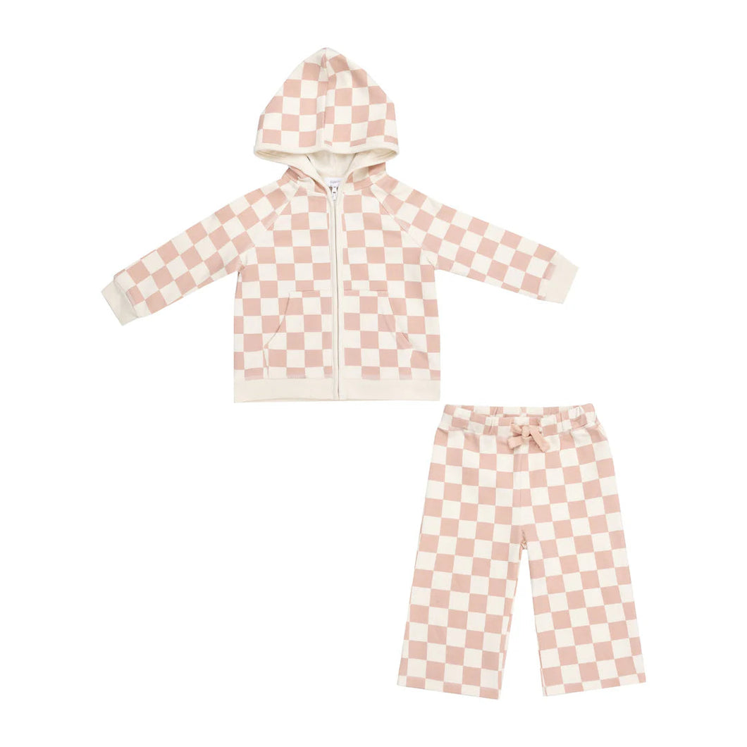 French Terry Checkerboard Pink- Zip Hoodie + Wide Leg Pant