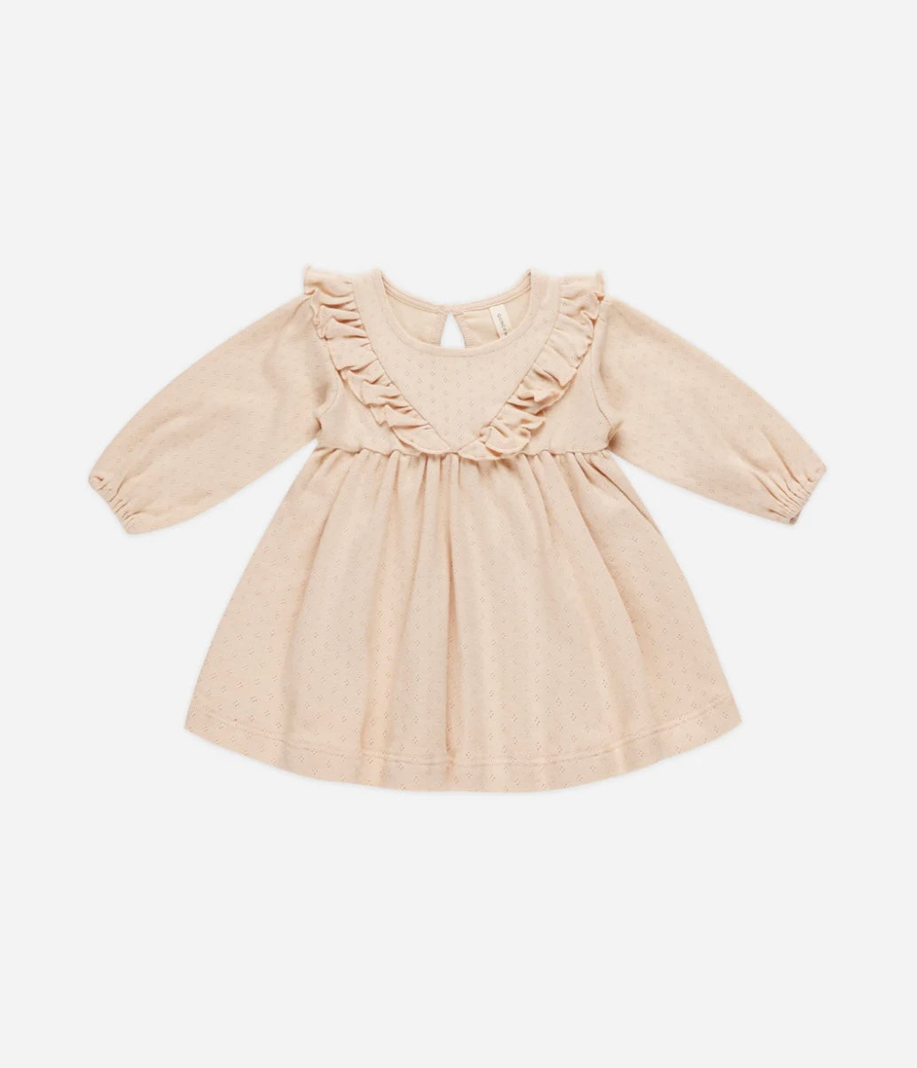 Long Sleeve Ruffle V Dress- Shell