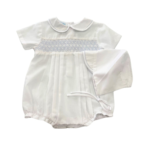 Blue Smocked Bubble & Bonnet Set