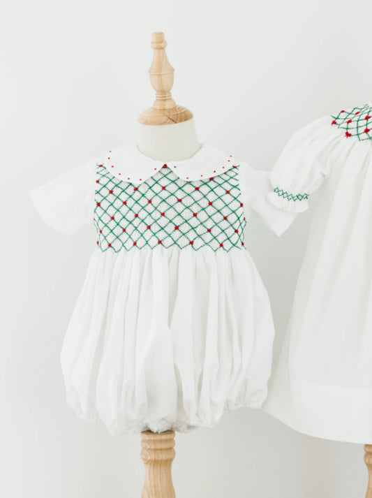 White Channing Bubble- Red & Green Christmas Smocked