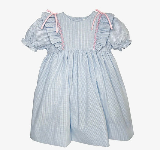 Blue Check Smock Ruffle Shoulder Dress