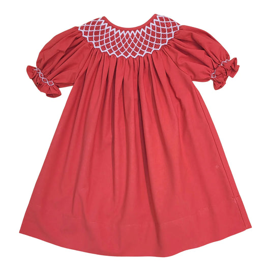 Catherine Red Smocked Dress w/Pearls