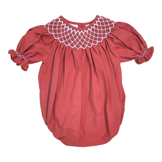 Catherine Red Smocked Bubble w/Pearls