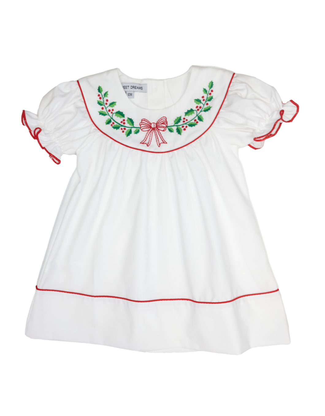 White Emb Wreath/ Red Bow Dress
