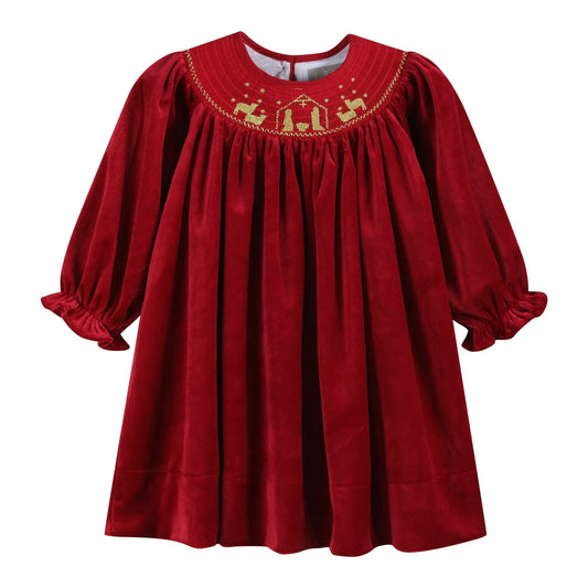 Red Velvet Nativity Smocked Dress