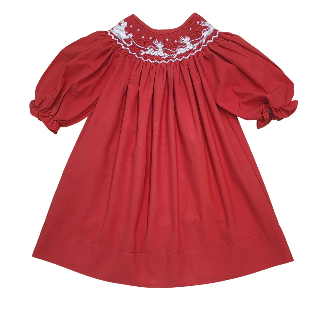 Santa Sleigh Smocked Red Dress