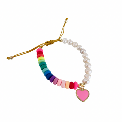Pearl & Rainbow Bead Bracelet w/Heart Charm