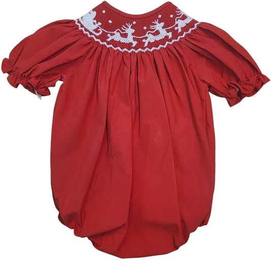 Santa Sleigh Smocked Red Girl Bubble