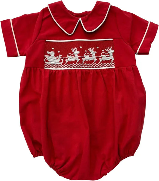Santa Sleigh Smocked Red Boy Bubble