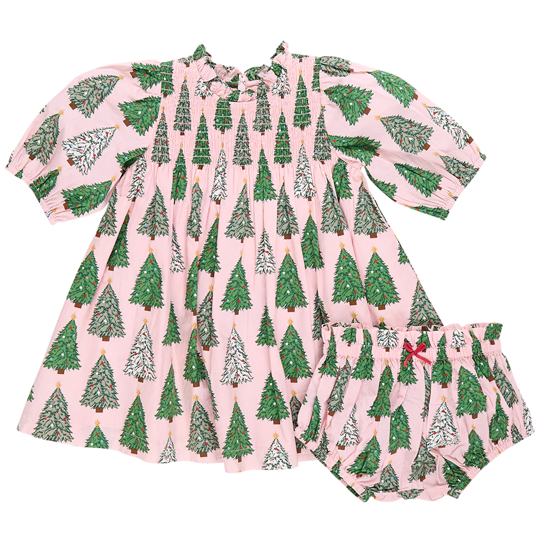 Baby Girl Stevie Puff Sleeve Dress Set- Pink Trees