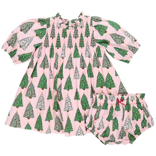 Baby Girl Stevie Puff Sleeve Dress Set- Pink Trees