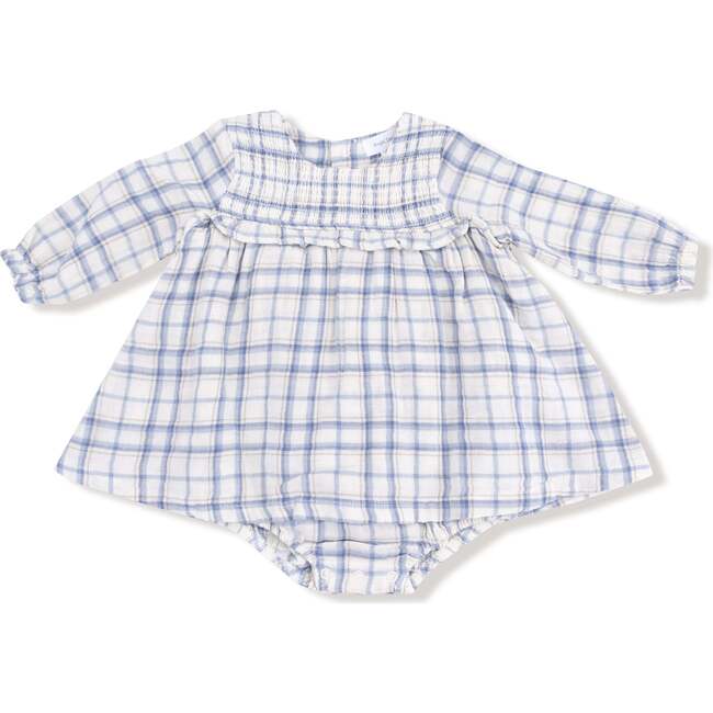 Blue Plaid-L/S Smocked Ruffle Bubble