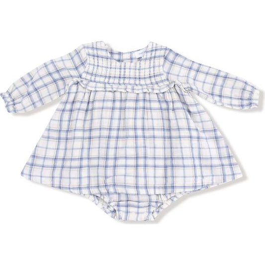 Blue Plaid-L/S Smocked Ruffle Bubble