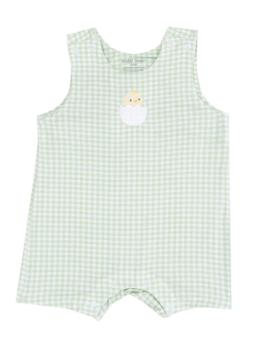 Mini Gingham Green Easter Sleeveless Romper w/ Applique