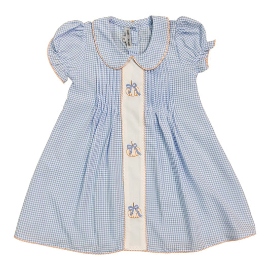 Blue Gingham Emb Pumpkin & Bow Dress