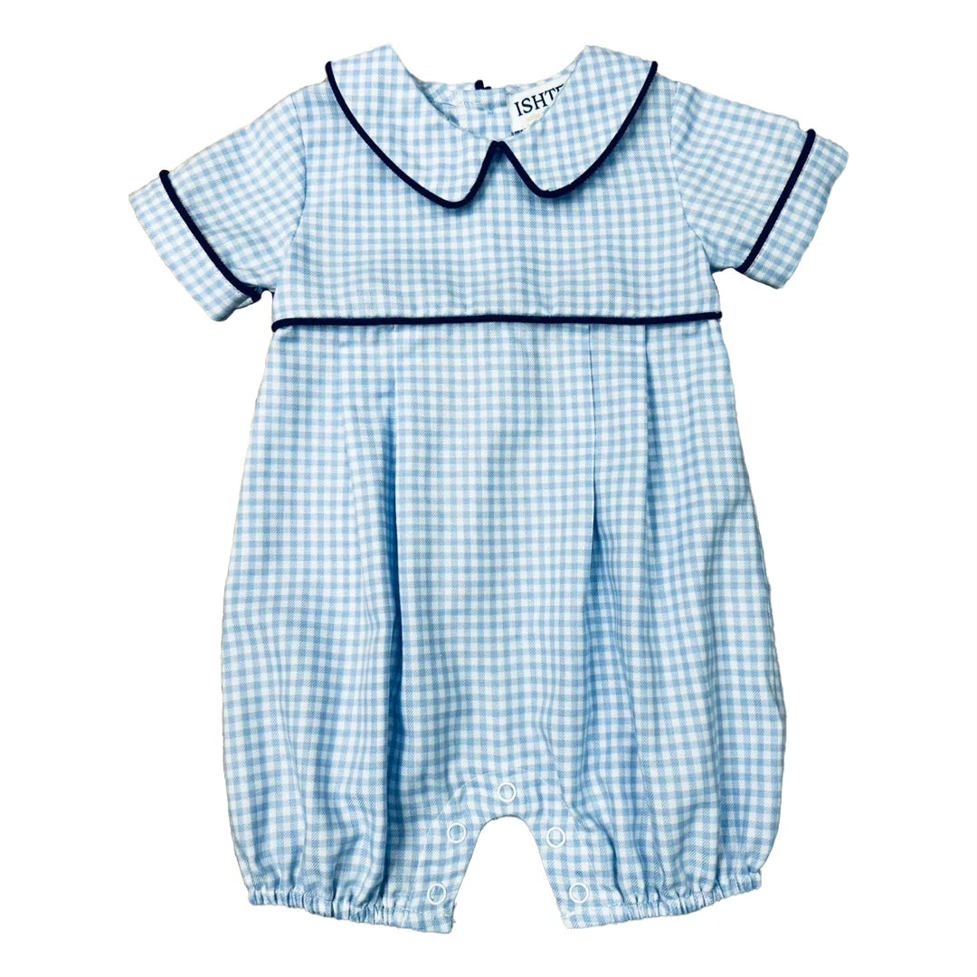 Blue Plaid Boy Romper Navy Trim