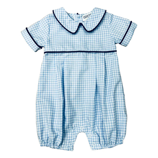 Blue Plaid Boy Romper Navy Trim